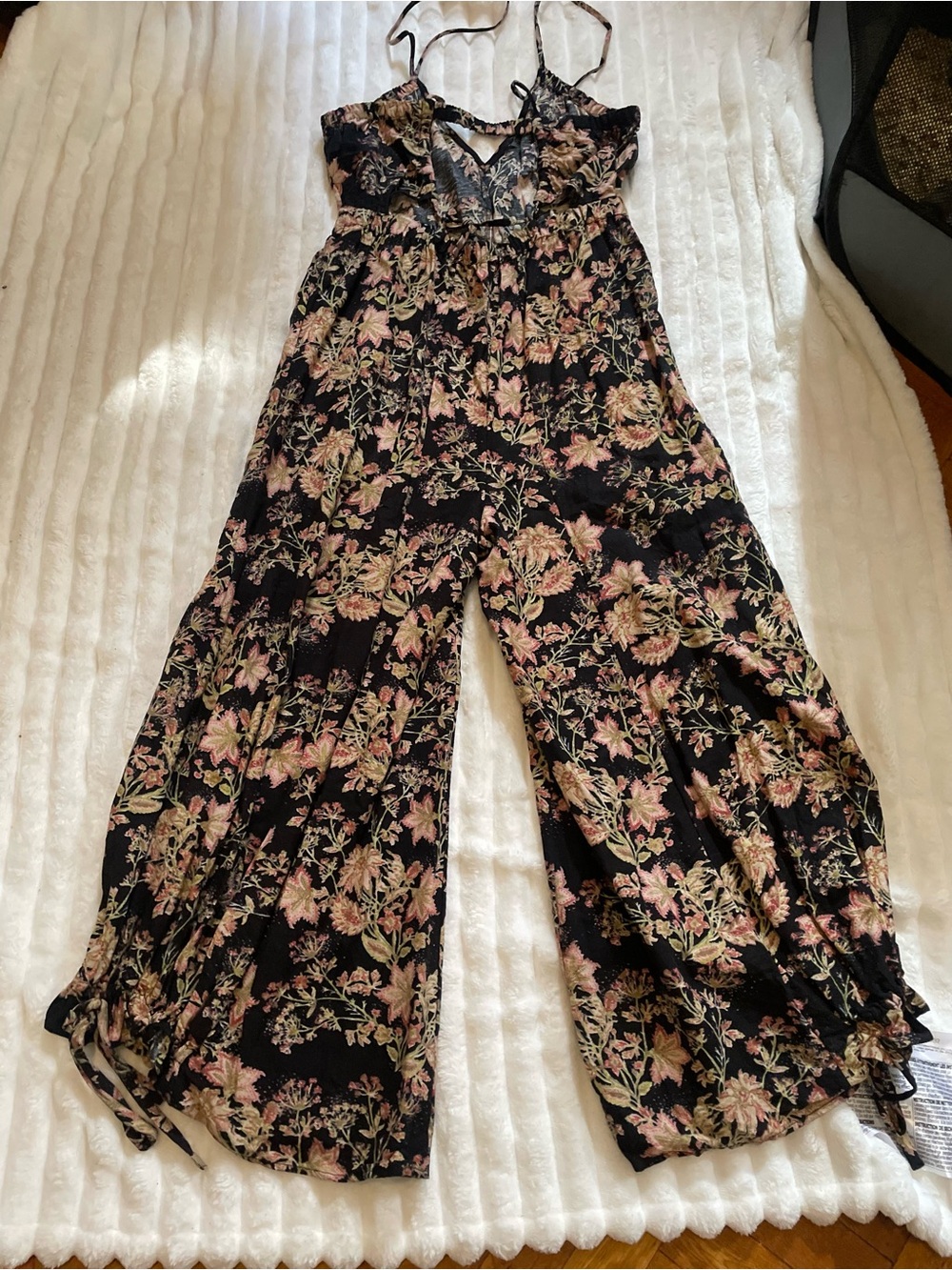 Free People Black Floral Wide-Leg Spaghetti-Strap Jumpsuit - Picture 11 of 15